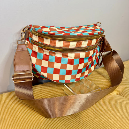 The Roni Nylon Crossbody - Camel Aqua Checker
